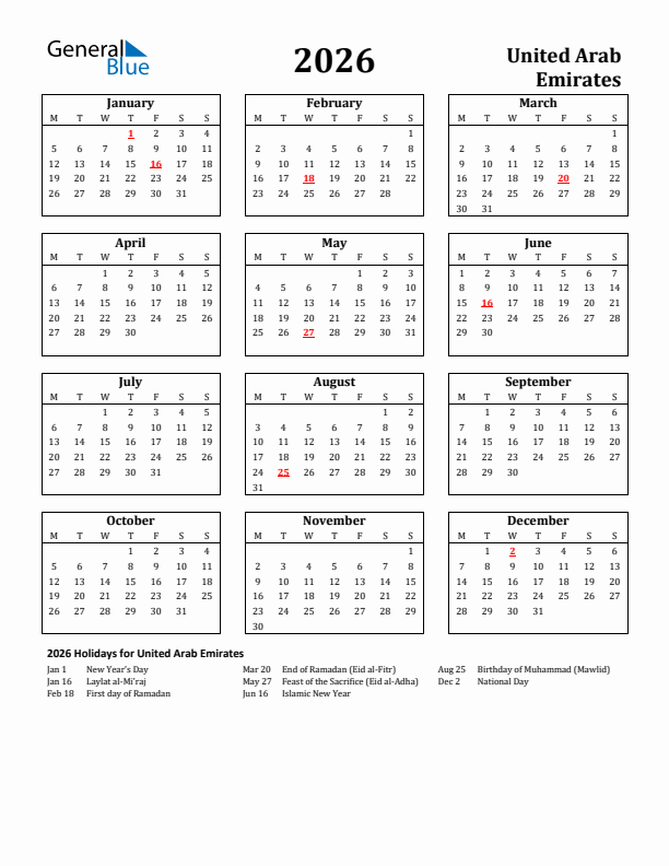 2026 United Arab Emirates Holiday Calendar - Monday Start