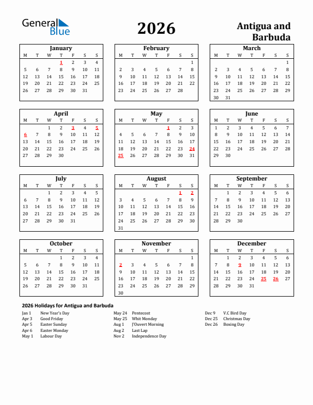 2026 Antigua and Barbuda Holiday Calendar - Monday Start