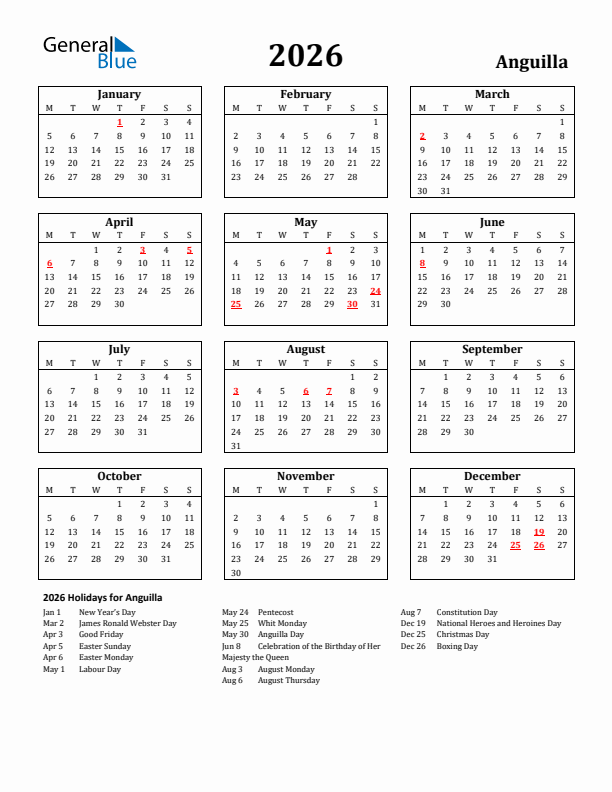 2026 Anguilla Holiday Calendar - Monday Start