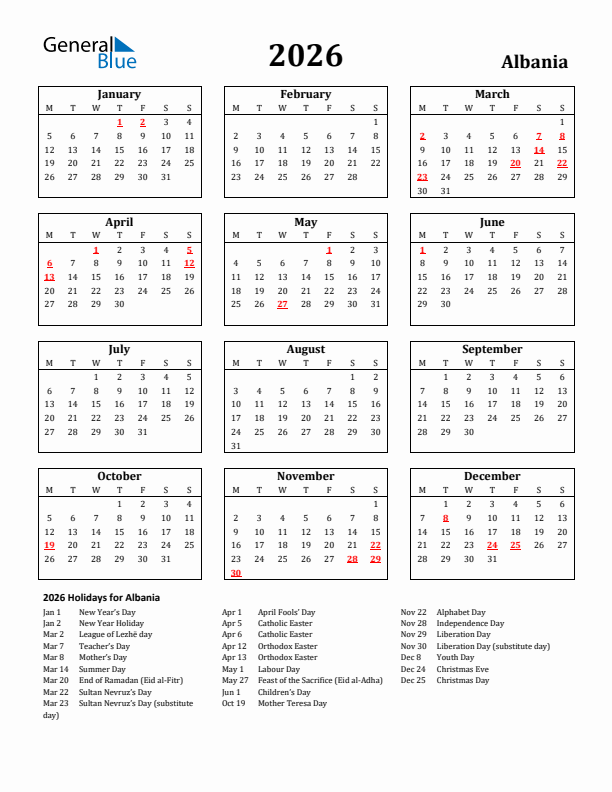 2026 Albania Holiday Calendar - Monday Start