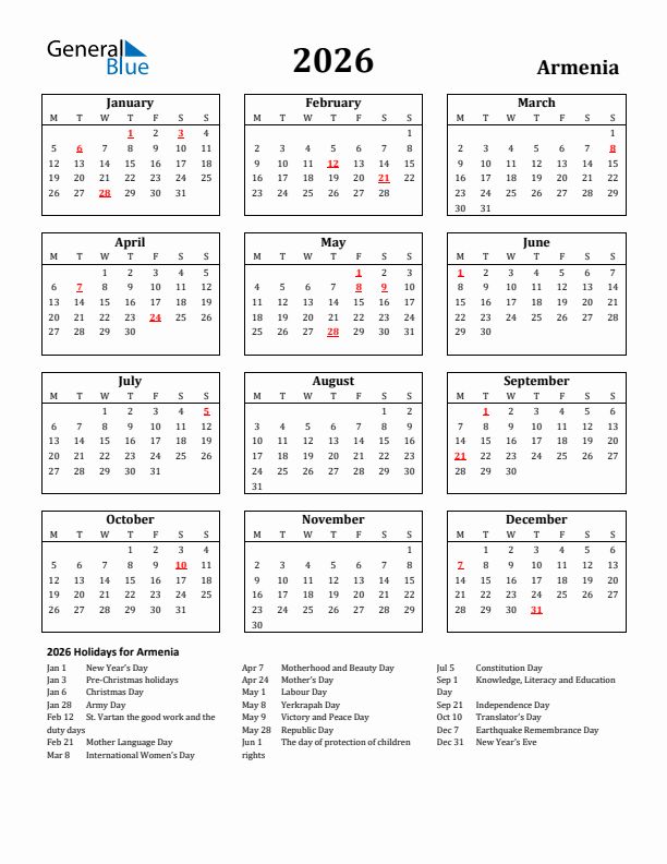 2026 Armenia Holiday Calendar - Monday Start