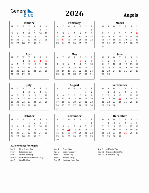 2026 Angola Holiday Calendar - Monday Start