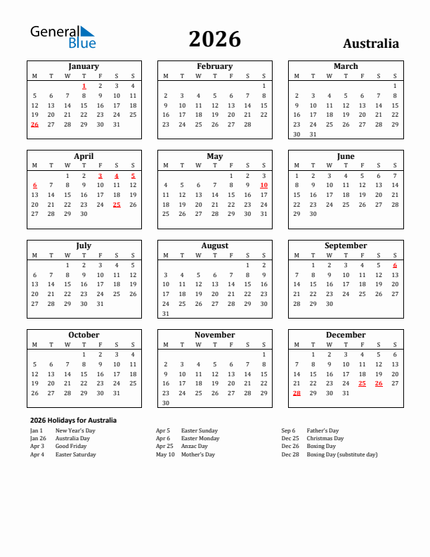 2026 Australia Holiday Calendar - Monday Start