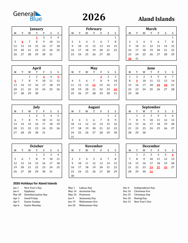2026 Aland Islands Holiday Calendar - Monday Start