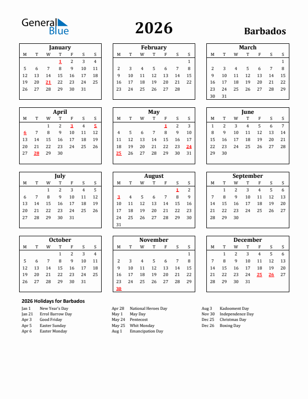 2026 Barbados Holiday Calendar - Monday Start