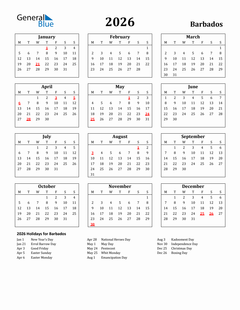 Free Printable 2026 Barbados Holiday Calendar