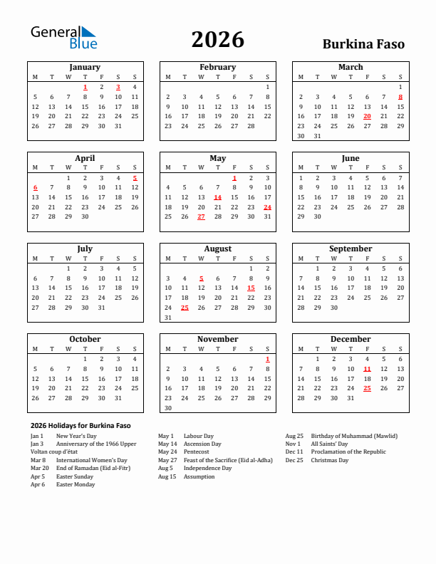 2026 Burkina Faso Holiday Calendar - Monday Start