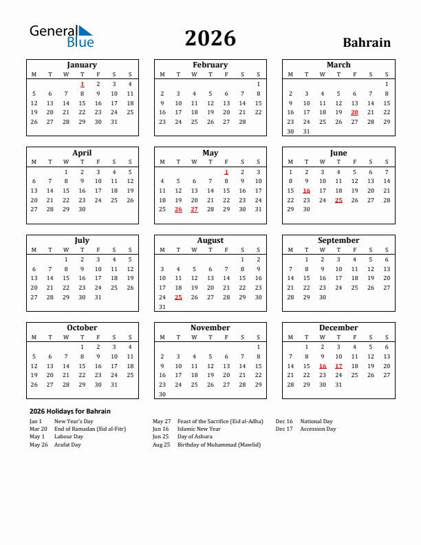 2026 Bahrain Holiday Calendar - Monday Start