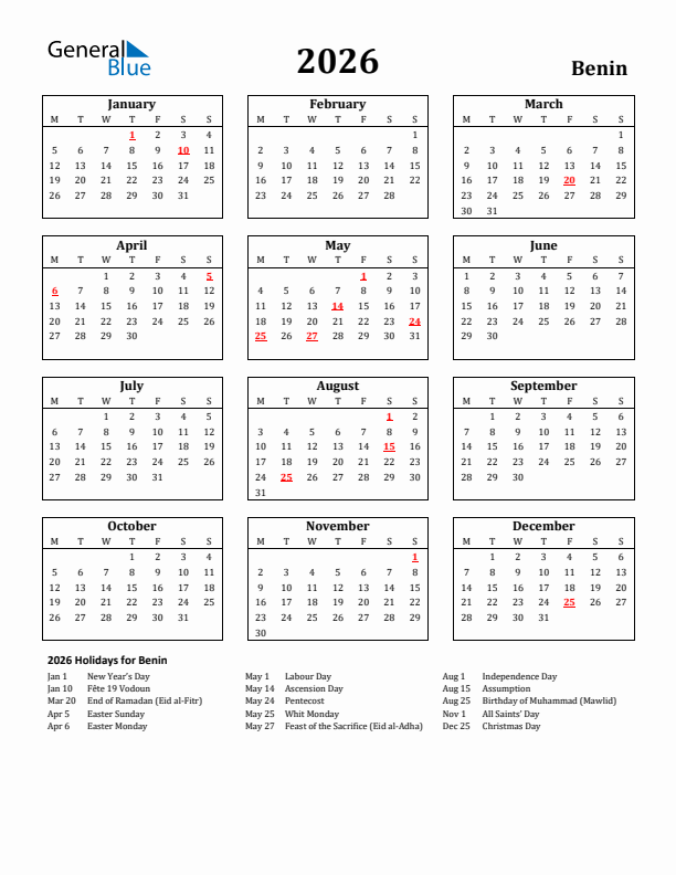 2026 Benin Holiday Calendar - Monday Start