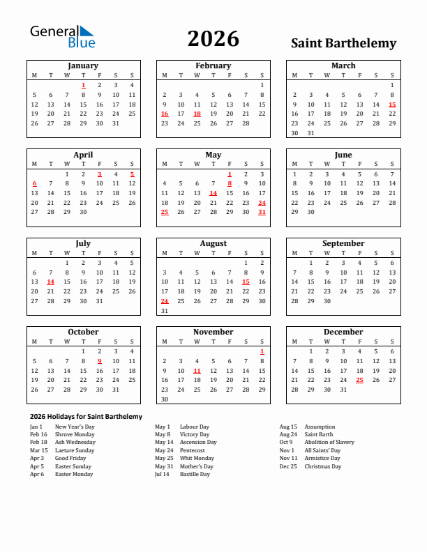 2026 Saint Barthelemy Holiday Calendar - Monday Start