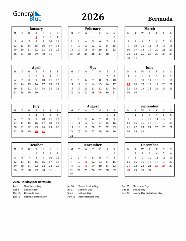 2026 Bermuda Holiday Calendar - Monday Start