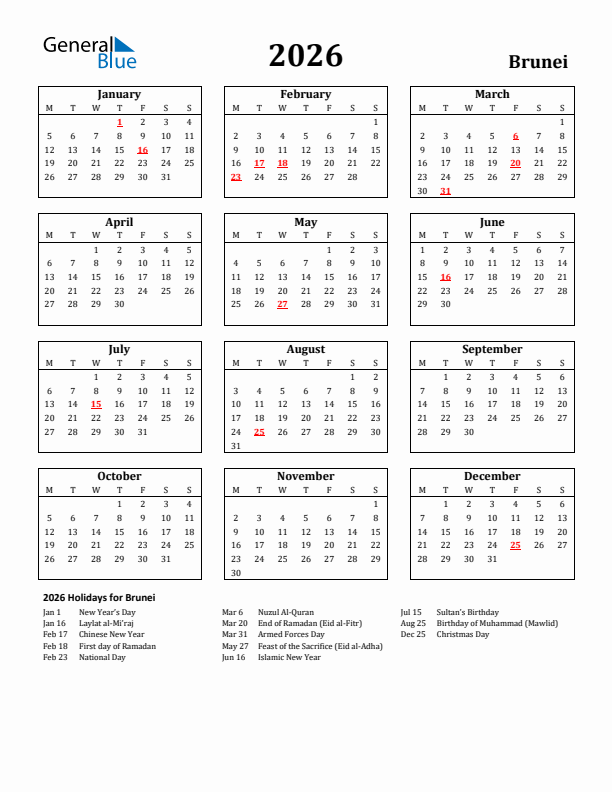 2026 Brunei Holiday Calendar - Monday Start