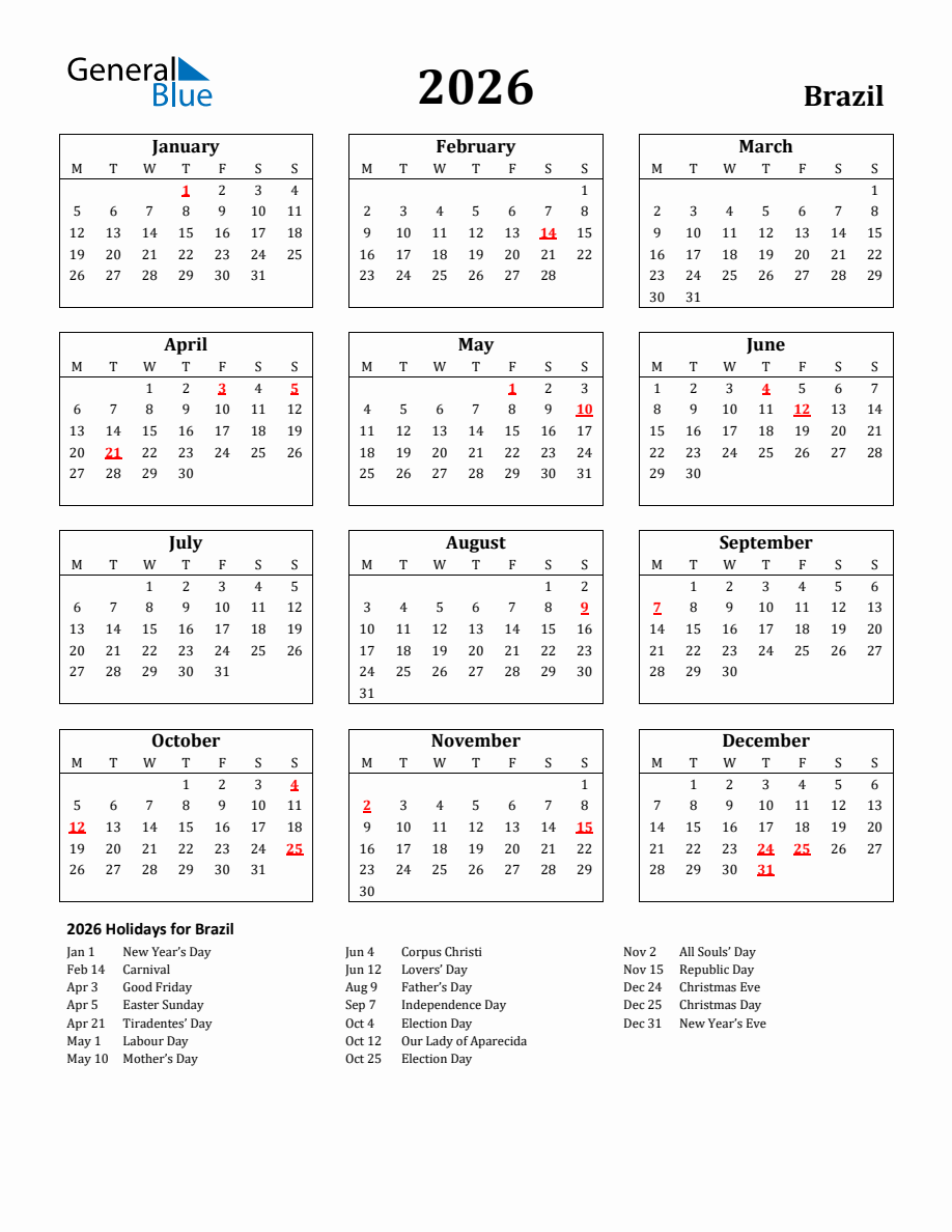 Free Printable 2026 Brazil Holiday Calendar