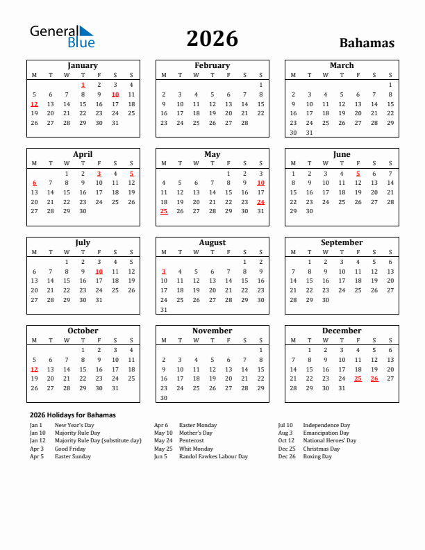2026 Bahamas Holiday Calendar - Monday Start