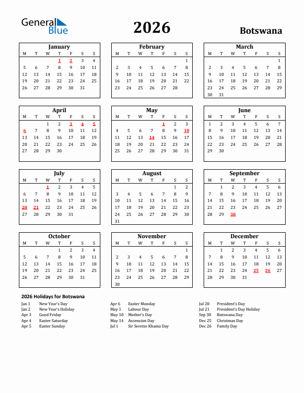 2026 Botswana Holiday Calendar - Monday Start