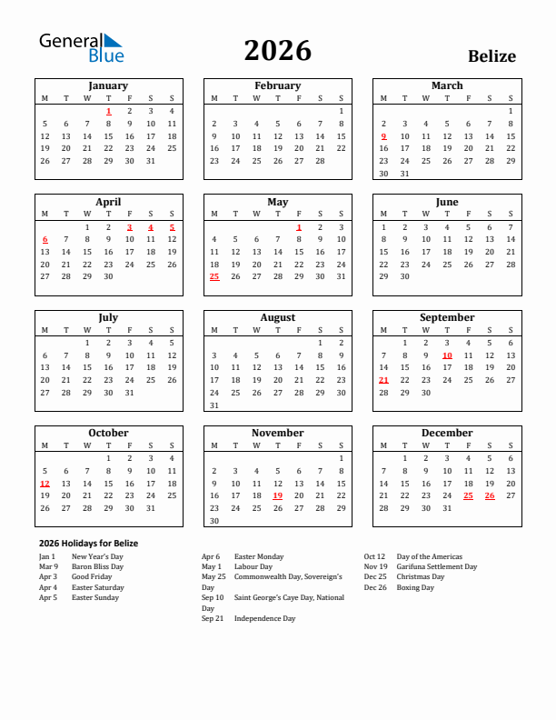 2026 Belize Holiday Calendar - Monday Start