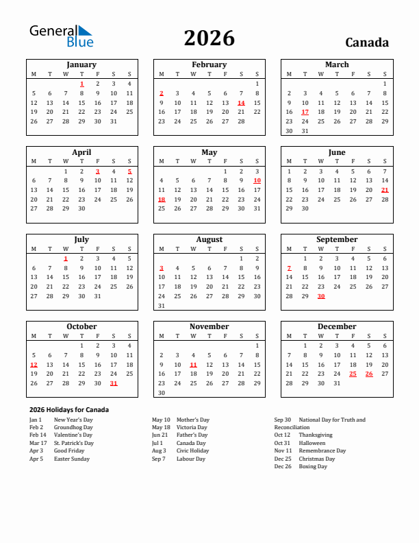 2026 Canada Holiday Calendar - Monday Start