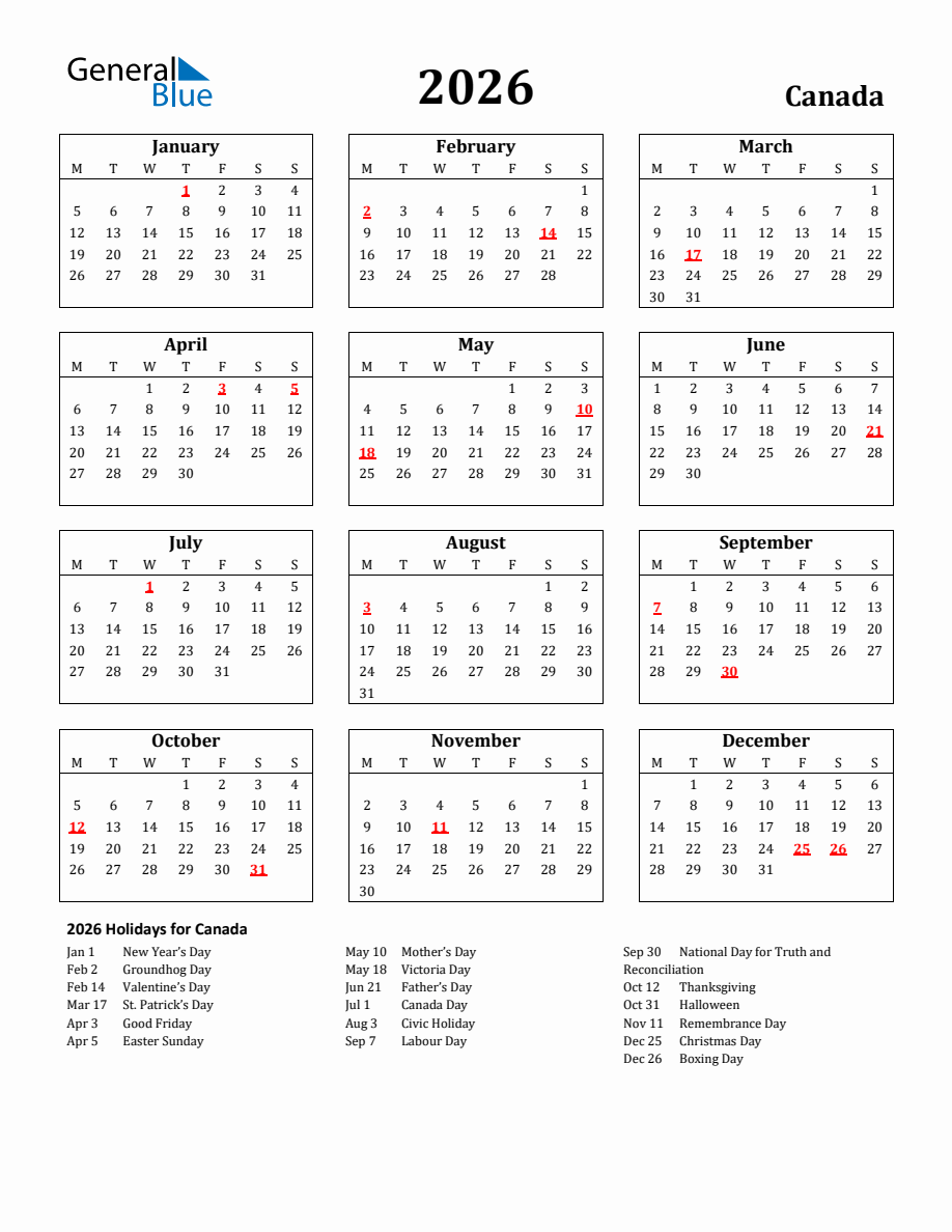 Free Printable 2026 Canada Holiday Calendar