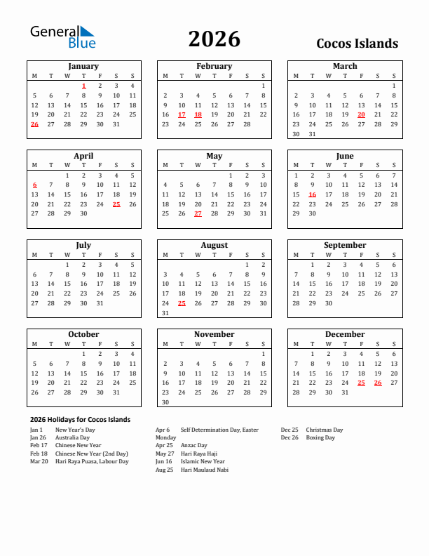 2026 Cocos Islands Holiday Calendar - Monday Start