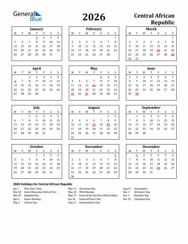 2026 Central African Republic Holiday Calendar - Monday Start