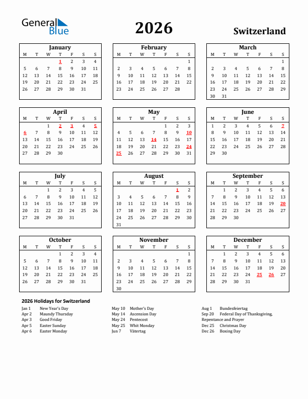 2026 Switzerland Holiday Calendar - Monday Start