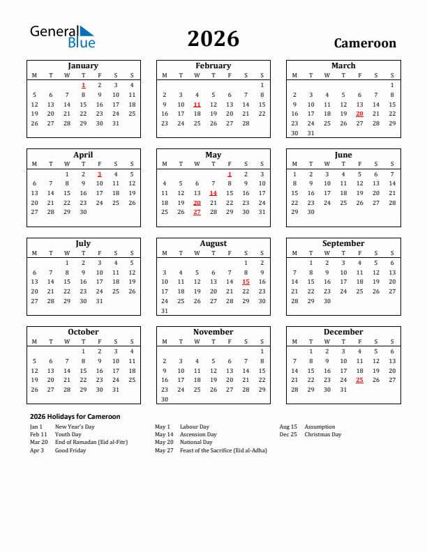 2026 Cameroon Holiday Calendar - Monday Start