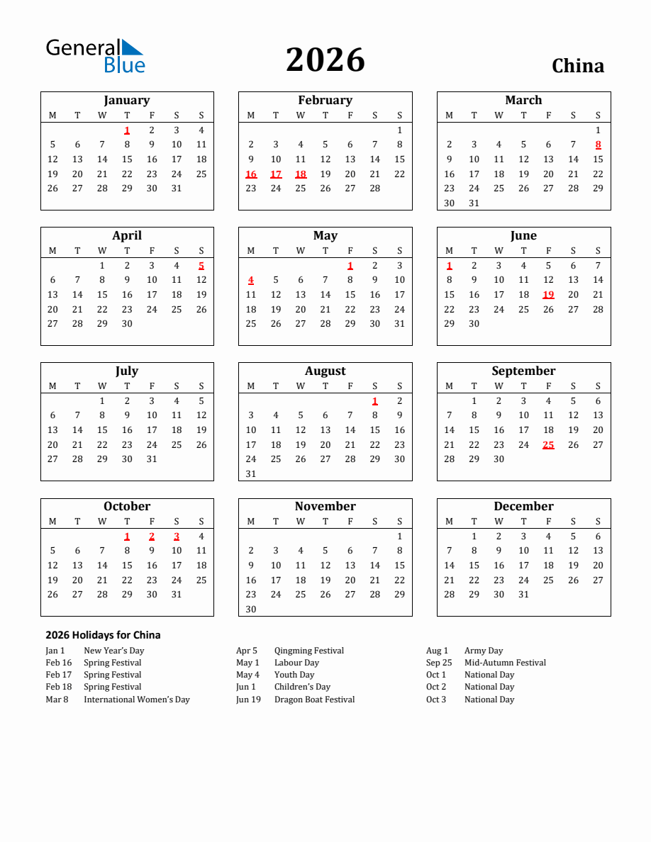 Free Printable 2026 China Holiday Calendar