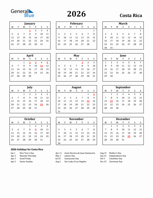 2026 Costa Rica Holiday Calendar - Monday Start