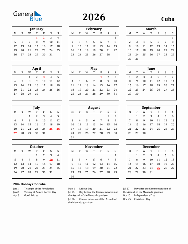 2026 Cuba Holiday Calendar - Monday Start