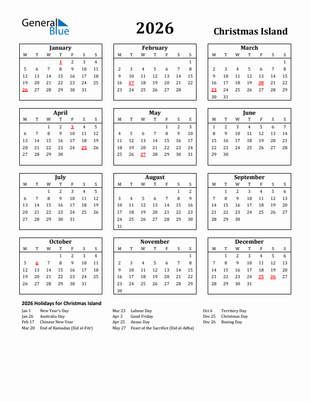 2026 Christmas Island Holiday Calendar - Monday Start