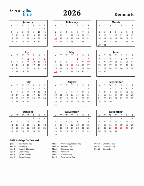 2026 Denmark Holiday Calendar - Monday Start