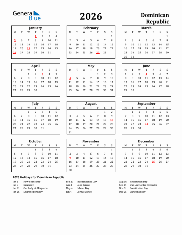 2026 Dominican Republic Holiday Calendar - Monday Start