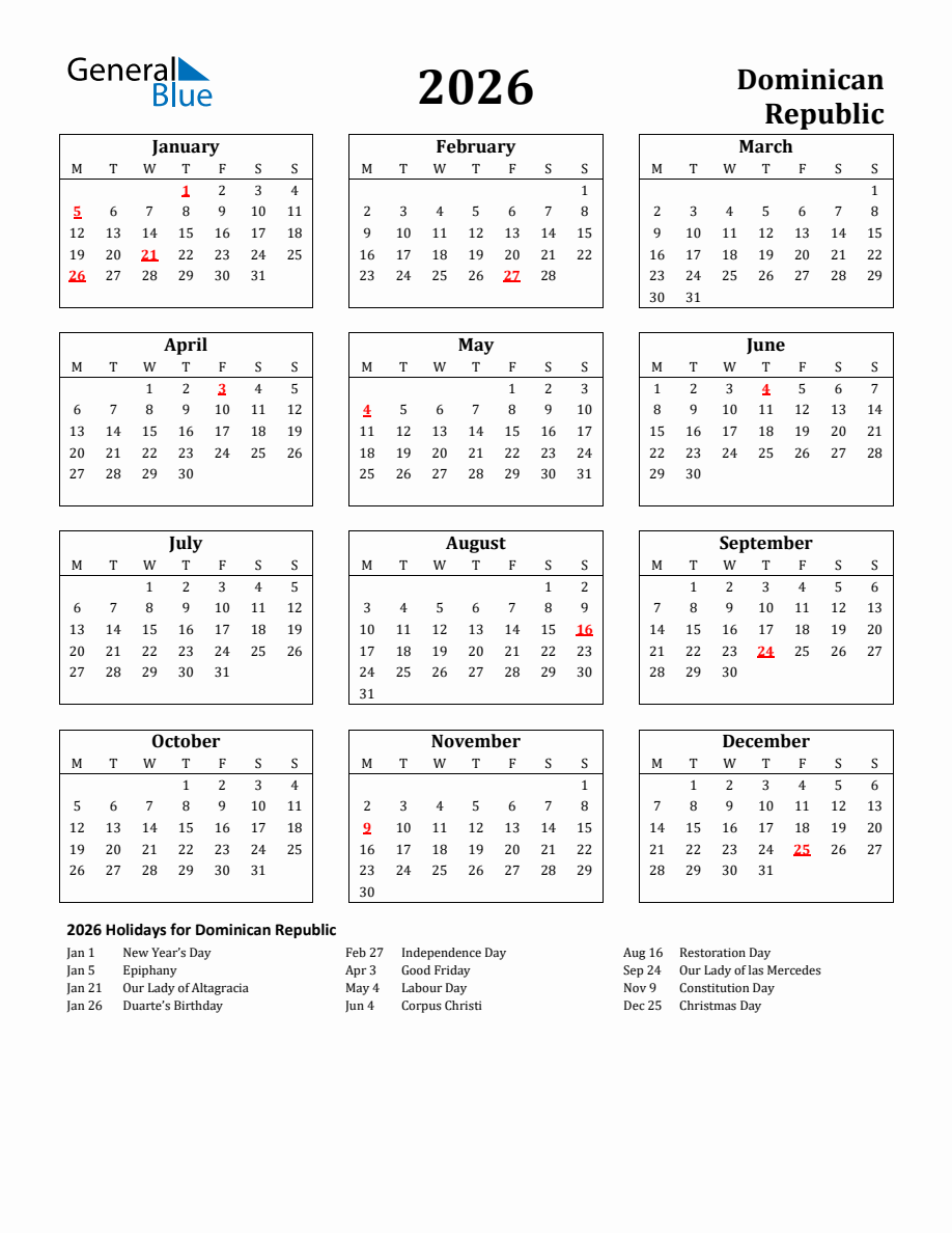 Free Printable 2026 Dominican Republic Holiday Calendar