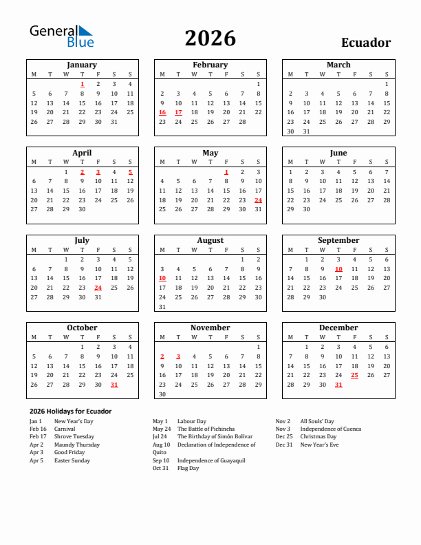 2026 Ecuador Holiday Calendar - Monday Start