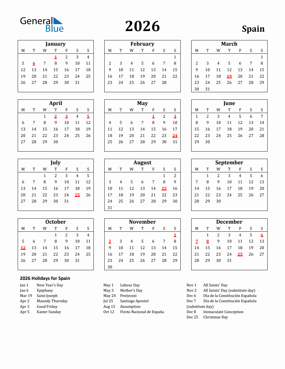 Free Printable 2026 Spain Holiday Calendar