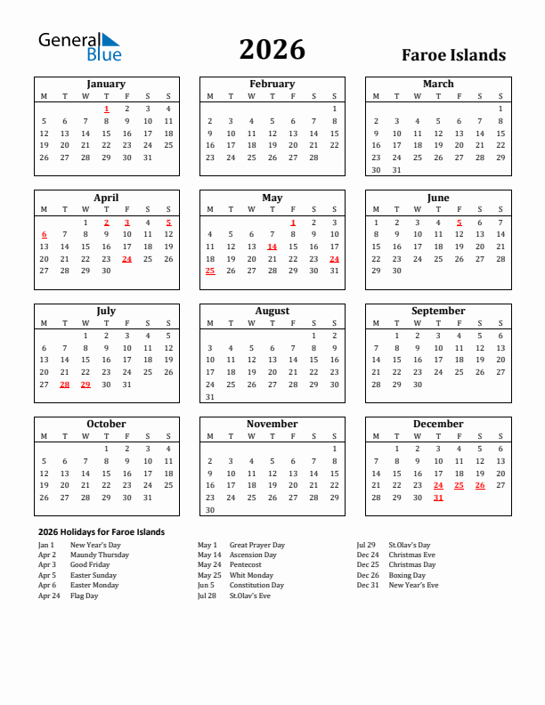 2026 Faroe Islands Holiday Calendar - Monday Start