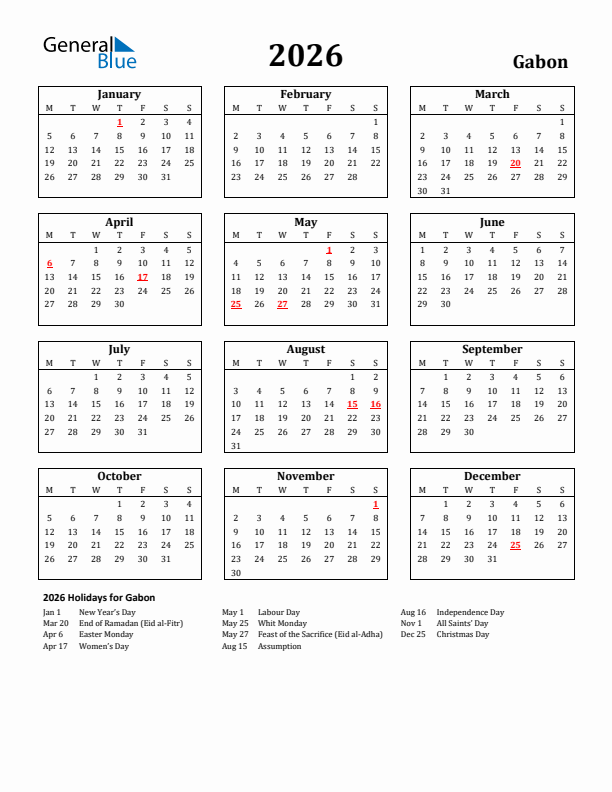 2026 Gabon Holiday Calendar - Monday Start