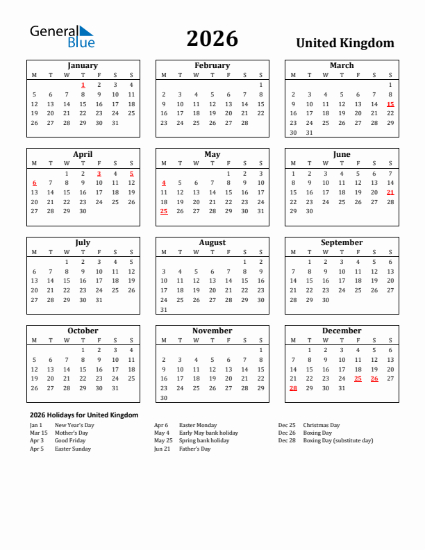 2026 United Kingdom Holiday Calendar - Monday Start