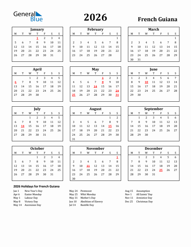 2026 French Guiana Holiday Calendar - Monday Start