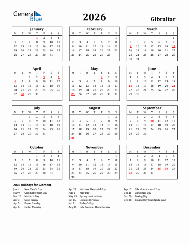 2026 Gibraltar Holiday Calendar - Monday Start