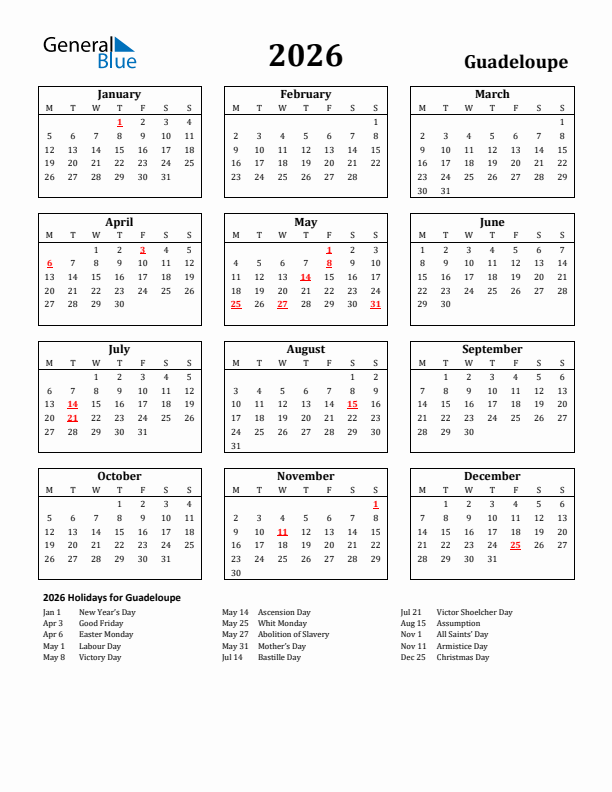 2026 Guadeloupe Holiday Calendar - Monday Start