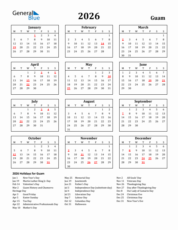2026 Guam Holiday Calendar - Monday Start