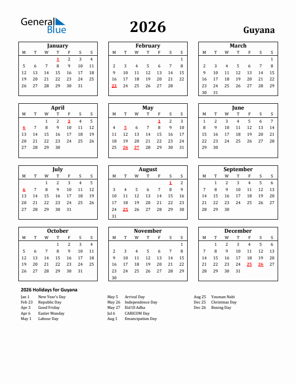 2026 Guyana Holiday Calendar - Monday Start