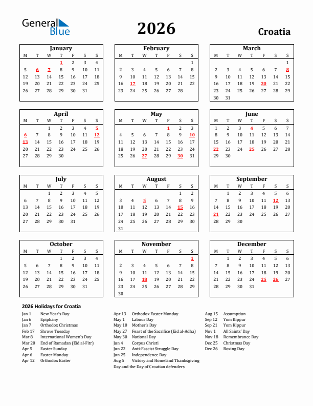 2026 Croatia Holiday Calendar - Monday Start