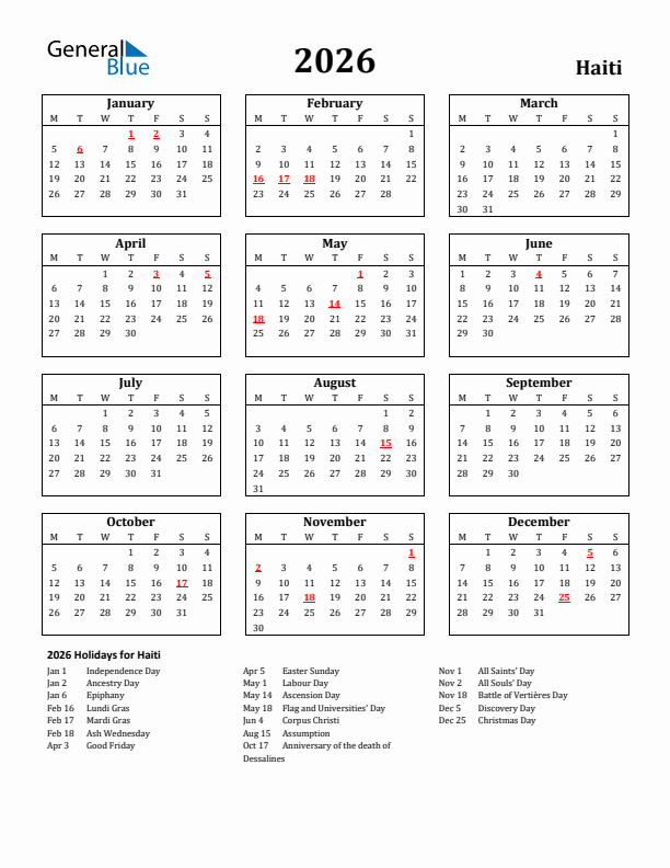 2026 Haiti Holiday Calendar - Monday Start
