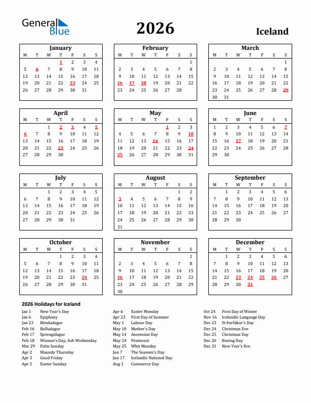 2026 Iceland Holiday Calendar - Monday Start