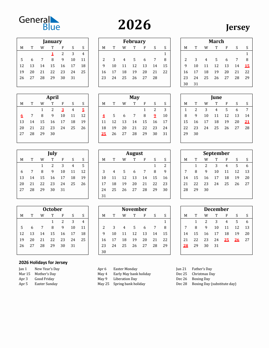 Free Printable 2026 Jersey Holiday Calendar