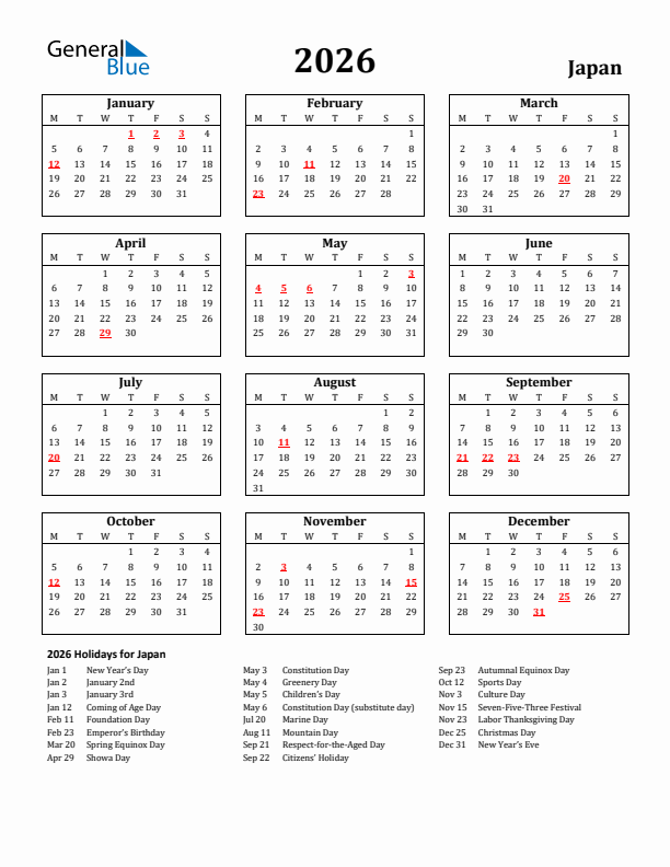 2026 Japan Holiday Calendar - Monday Start