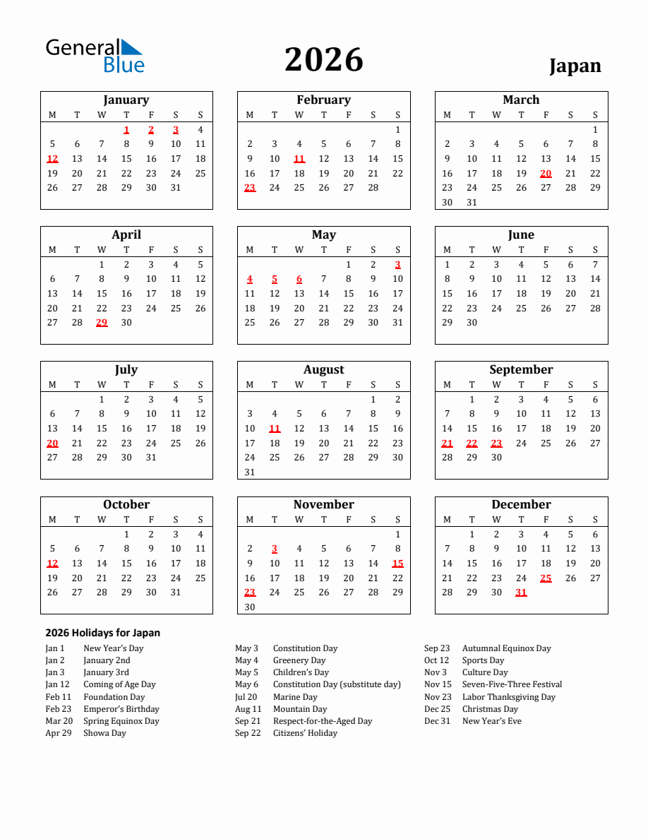 Free Printable 2026 Japan Holiday Calendar