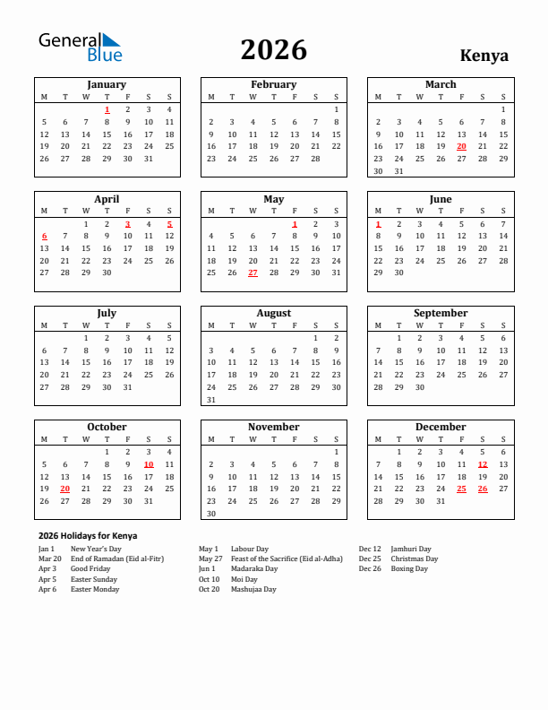 2026 Kenya Holiday Calendar - Monday Start
